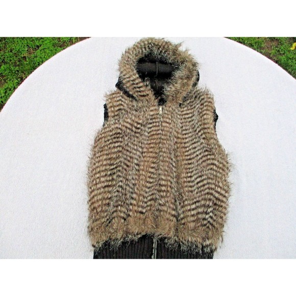 Beverly Hills Faux Fur Sweater Vest Women’s Size Large  Black Brown Hood - Picture 10 of 16
